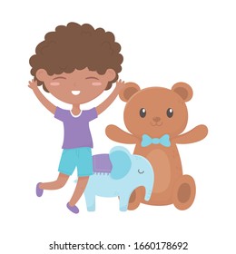 kids zone, happy little boy teddy bear and elephant toys vector illustration