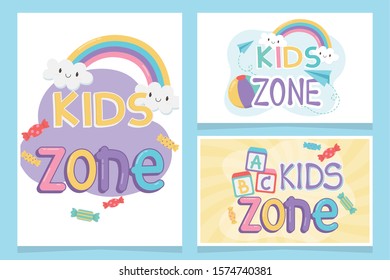 kids zone, inscriptions funny rainbow clouds candy ball cards vector illustration