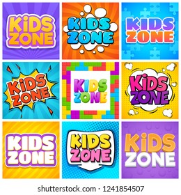 Kinder, Zone. Kinderspielraumbanner gestalten Cartoon-Text. Kinder, die Park spielen, Vektorhintergründe.