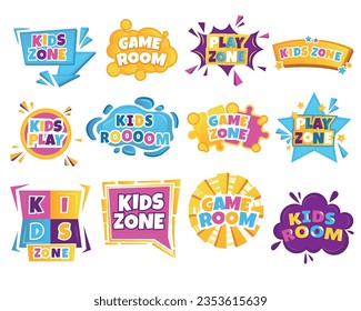 Kids zone label. Cartoon colorful child playroom with toys, baby kindergarten activity concept. Vector isolated banner. Childhood entertainment, educational center for leisure time