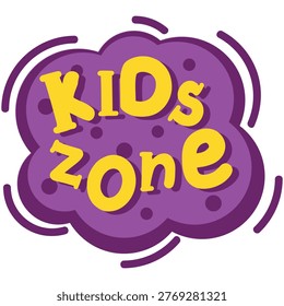 Kids zone label vector icon. Cartoon playground club logo badge with yellow lettering on purple bubble isolated on white background