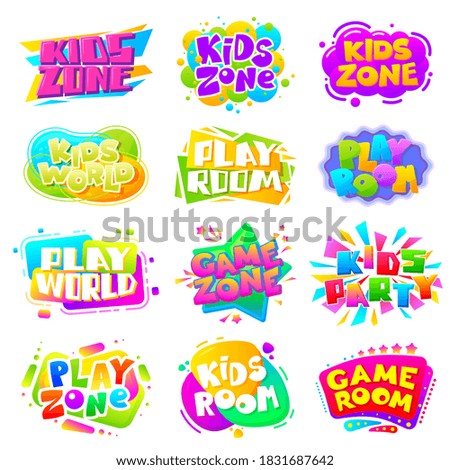 Kids zone labels. Fun kid game logo, sports party gaming sign. Play room children entertainment banner, playground texting sticker vector set