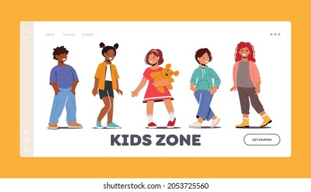 Plantilla de la página de aterrizaje de zona infantil. Personajes De Niños Y Niñas Multirraciales Sonrientes Con Ropa De Moda. Los Niños Sonríen, Emociones Positivas, Amistad. Ilustración de vectores de personas de caricatura