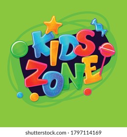 Kids Zone lettering banner design, cartoon vector illustration on green background. Children playground or game room billboard or advertising poster template.