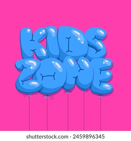 KIDS ZONE lettering quote made of helium balloon in letters shapes. Flat hand drawn Vector balloons with Kids Zone words on magenta background.