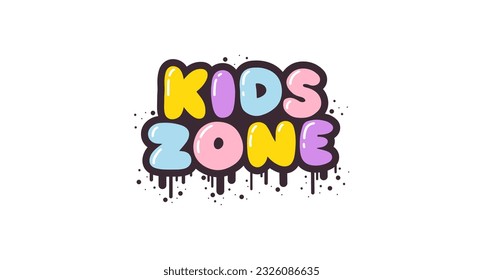 Kids Zone - lettering short slogan quote in cute retro graffiti style. Bubble hand drawn letters with black stroke and streaks of paint splashes. Vector isolate on white background