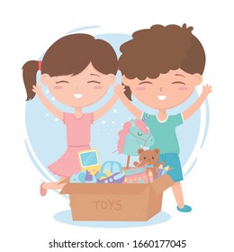 kids zone, little boy and girl with cardboard box of toys vector illustration