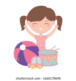 kids zone, little girl with drum ball and car toys cartoon vector illustration