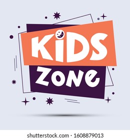 Kids zone logo, banner, sticker on geometric form. Hand drawn lettering composition in style for childrens area. Design for poster, background, postcard, banner, signboard. 