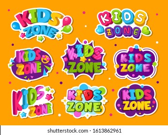 Kids zone logo. Colored emblem for game children room playing zone vector decor style labels