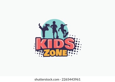 kids zone logo with a combination of lettering kids zone with silhouettes of children's activities such as martial arts, soccer, and skateboarding.