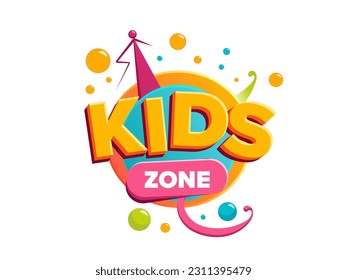 Kids zone logo illustration concept in flat vector design. Label  with elements for fun and play area. Cartoon emblem or badge for game and party events for children.