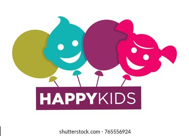 Kids zone logo template of child palm hands and speech bubble with color letters.