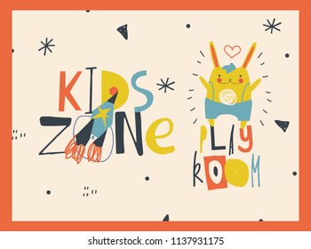 Kids zone logos / signs in cartoon style. Multicolored creative type design.
