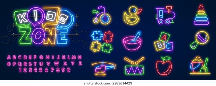 Kids Zone neon banner vector design template. Place for fun and play neon light banner, design element, night bright advertising, bright sign. Vector illustration.