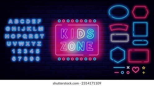 Kids zone neon label. Play room. Simple signboard. Glowing advertising. Shiny blue alphabet. Geometric frames collection. Game design. Handwritten text. Vector stock illustration
