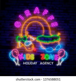 Kids zone neon sign. Boy, girl, children zone. Colorful giraffe on billboard, bright banner. Vector illustration in neon style for topics like kindergarten, playing centers, kids zone