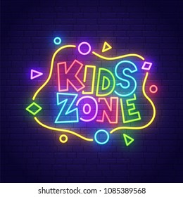 Kids Zone neon sign, bright signboard, light banner. Kids Area logo, emblem. Vector illustration