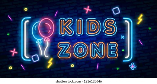 Kids Zone neon sign, bright signboard, light banner. Kids Area logo, emblem. Vector illustration