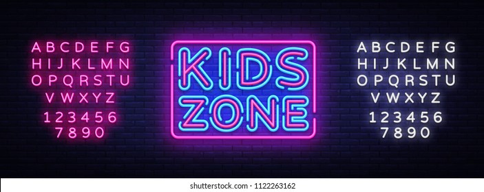 Kids Zone neon sign vector. Kids Zone design template neon sign, light banner, neon signboard, nightly bright advertising, light inscription. Vector illustration. Editing text neon sign