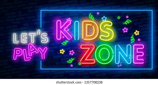 Kids Zone neon sign vector. Kids Zone design template neon sign, light banner, neon signboard, nightly bright advertising, light inscription. Vector illustration. Editing text neon sign