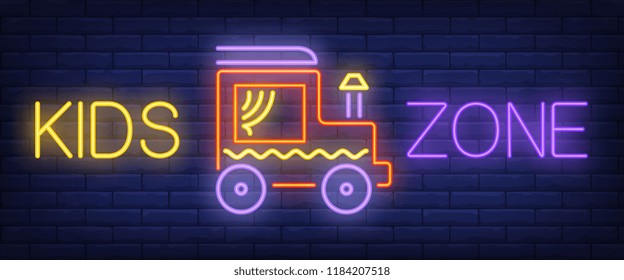 Kids zone neon text with toy car. Amusement park and advertisement design. Night bright neon sign, colorful billboard, light banner. Vector illustration in neon style.