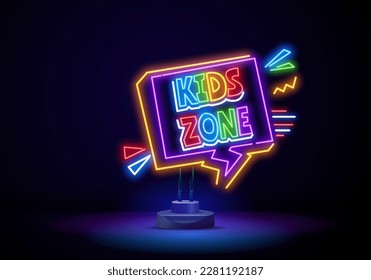 Kids zone neon text with toy car. Amusement park and advertisement design. Night bright neon sign, colorful billboard, light banner. Vector illustration in neon style.