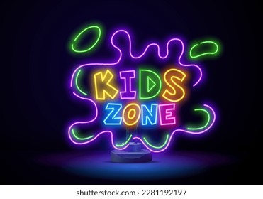 Kids zone neon text with toy car. Amusement park and advertisement design. Night bright neon sign, colorful billboard, light banner. Vector illustration in neon style.