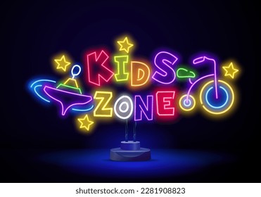 Kids zone neon text with toy car. Amusement park and advertisement design. Night bright neon sign, colorful billboard, light banner. Vector illustration in neon style.