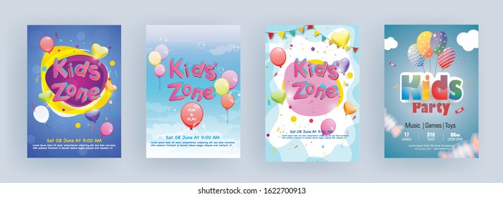 Kids Zone Party Template or Flyer Design Decorated with Printed Balloons in Abstract Color Background.