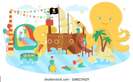 Kids zone, play area for children cartoon vector illustration. Kids zone playground with pirate ship, trampoline and climb-down for games and fun, playroom and entertainment park.