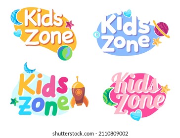 Kids zone play room area sign label banner for playground in colorful style children   