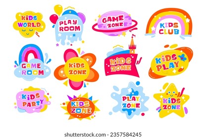 Kids zone, play room, child world, childish party entertainment cartoon colorful badge, logo, banner isolated set on white background. Vector illustration of playroom and education class decoration