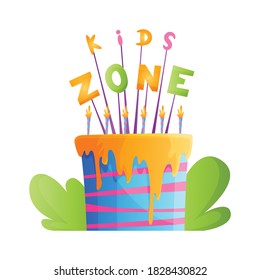Kids zone. Playroom banner in cartoon style for children play zone. Children playground game room or play area poster. Children games party center