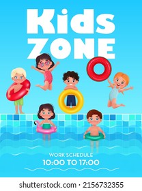 Kids Zone Poster. Children swimming on the pool. Vector illustration in 3D cartoon style