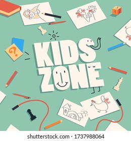 Plantilla de afiches de zona infantil, suelo con dibujos infantiles, cartas graciosas, lápices, juguetes en el fondo. Ilustración de vectores para el área de juego infantil. Logo para la habitación de los niños. Texto para niños. 