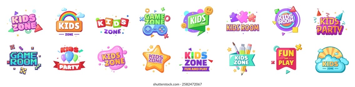 Kids zone set childish banner label or sticker logo, kids zone vector illustration