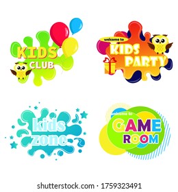 Kinder Zone Set Label Text Aufkleber kindisch Abzeichen. Spielspielspass, Spielplatz, Kinderspiel-Party und Spielplatz-Poster. Kinderspielplatz, Spielzimmer oder Logo des Zentrums.