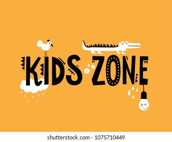 Kids zone sign with cute animals illustration for children's playroom. Vector illustration