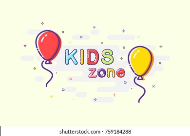 Kids zone sign in mbe design style. Vector balloons with Kids Zone words on sparkling background.