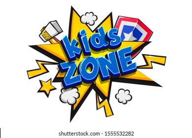 Kids zone Super Hero glossy candy font. Colorful background. Children style font. Kids zone cartoon logo. Comics book halftone text. Font for Kids play room pop art. Comic text speech bubble.