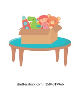 kids zone, table with box filled bear doll rocket dinosaur toys vector illustration