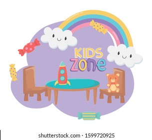 "kids zone", teddy bear rocket table and chairs toys vector illustration