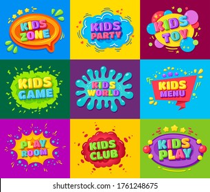 Kids zone, toy, party, game, menu, club, play room bright banner, poster, flyer set. Multicolor signboard, label, emblem for children playground, amusement park. Vector kids zone sign set.