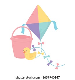 kids zone, toys kite bucket duck and blocks clouds sky background vector illustration