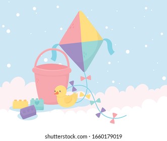 kids zone, toys kite bucket duck and blocks clouds sky background vector illustration