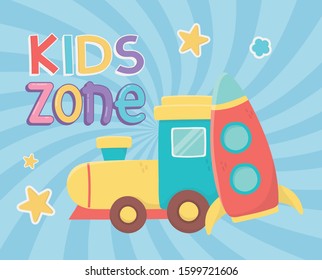 kids zone, train wagon and plastic rocket toys vector illustration