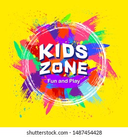 Kids zone vector cartoon logo. Colorful bubble letters for kids playroom decoration. The inscription on a yellow background. Vector illustration.