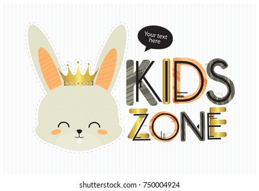 Kids zone. Vector cartoon logo for children's playroom. Banner design with cute colorful letters and rabbit