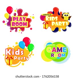 Kids zone vector cartoon set. Kid entertainment camp poster, preschool baby education room clubs banner vector illustration set